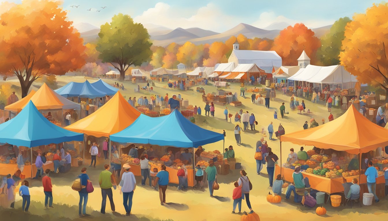 A bustling fall festival in Texas with colorful tents, food vendors, live music, and families enjoying hayrides and pumpkin painting