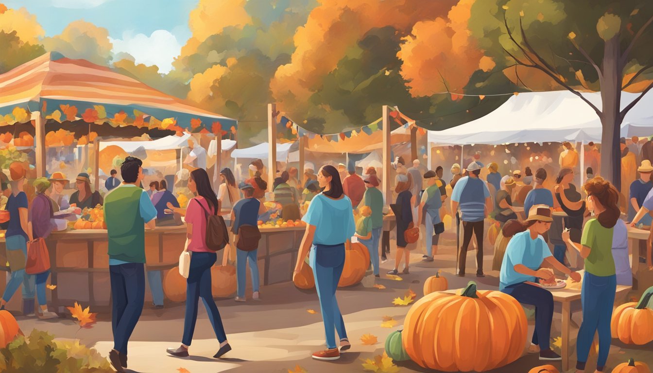 A colorful outdoor festival in Texas with people enjoying live music, food vendors, and fall-themed activities like pumpkin carving and hayrides