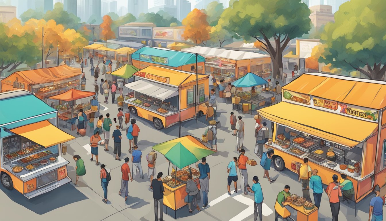 Colorful food trucks line the festival grounds, surrounded by eager patrons sampling a variety of cuisines. The air is filled with the sizzling of grills and the tantalizing aroma of street food