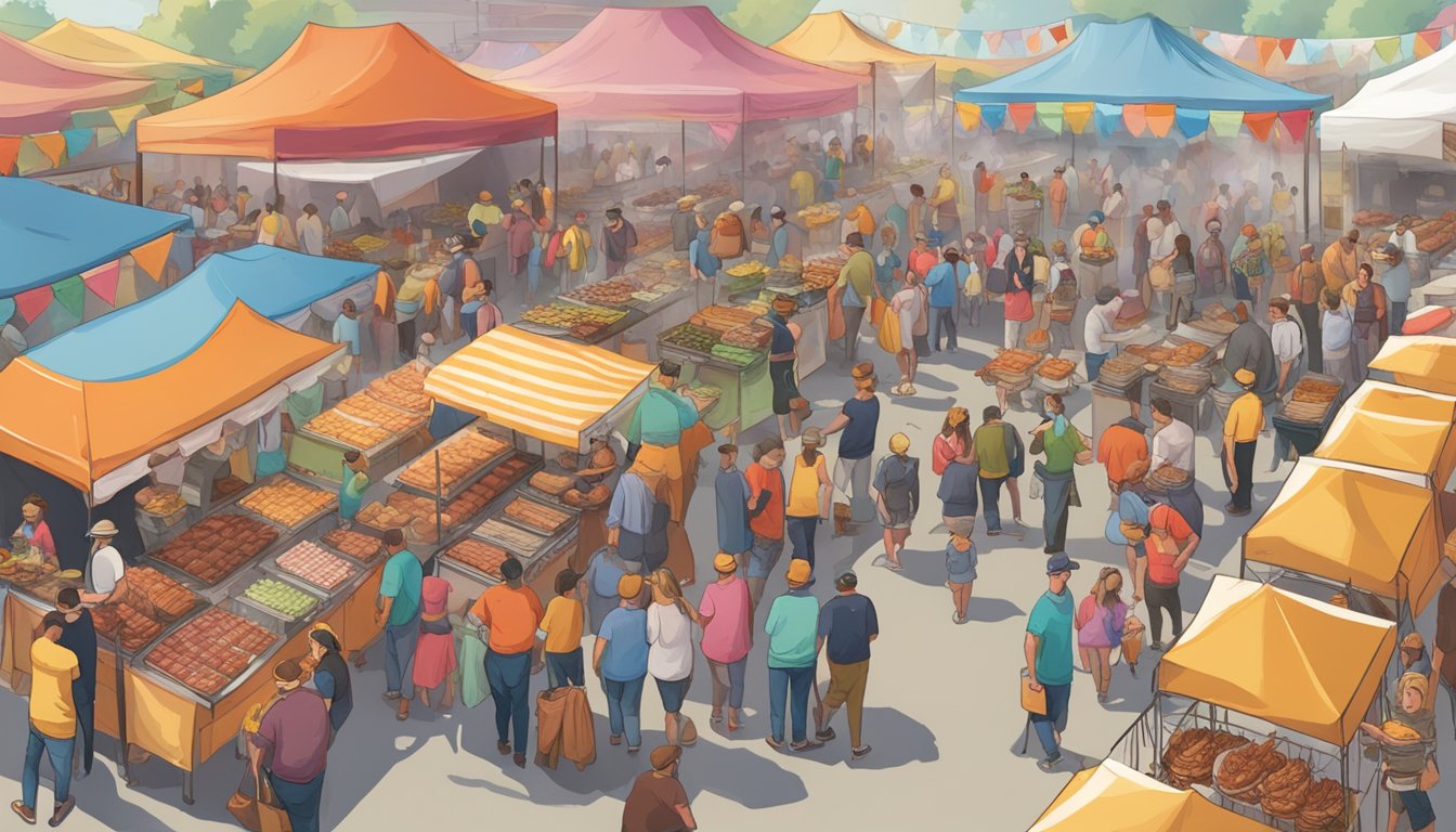 A bustling outdoor festival with rows of colorful vendor booths, smoke rising from barbecue pits, and crowds of people sampling various meats and sides