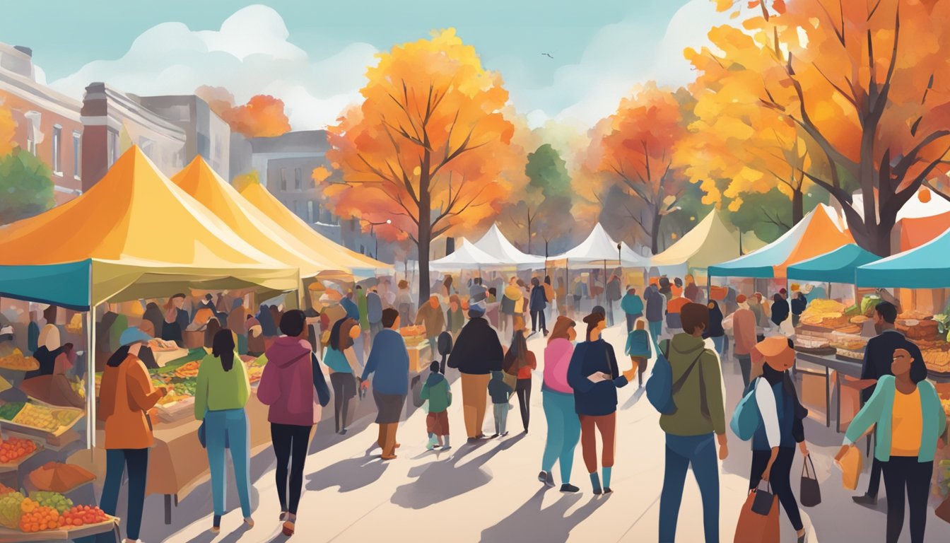 A bustling outdoor market with colorful tents, live music, and people enjoying food and art in a vibrant fall setting