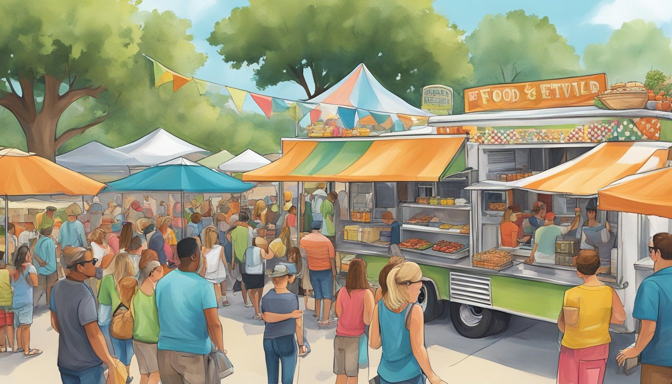 A bustling hill country food truck festival in New Braunfels with a variety of colorful trucks and lively crowds enjoying the outdoor event