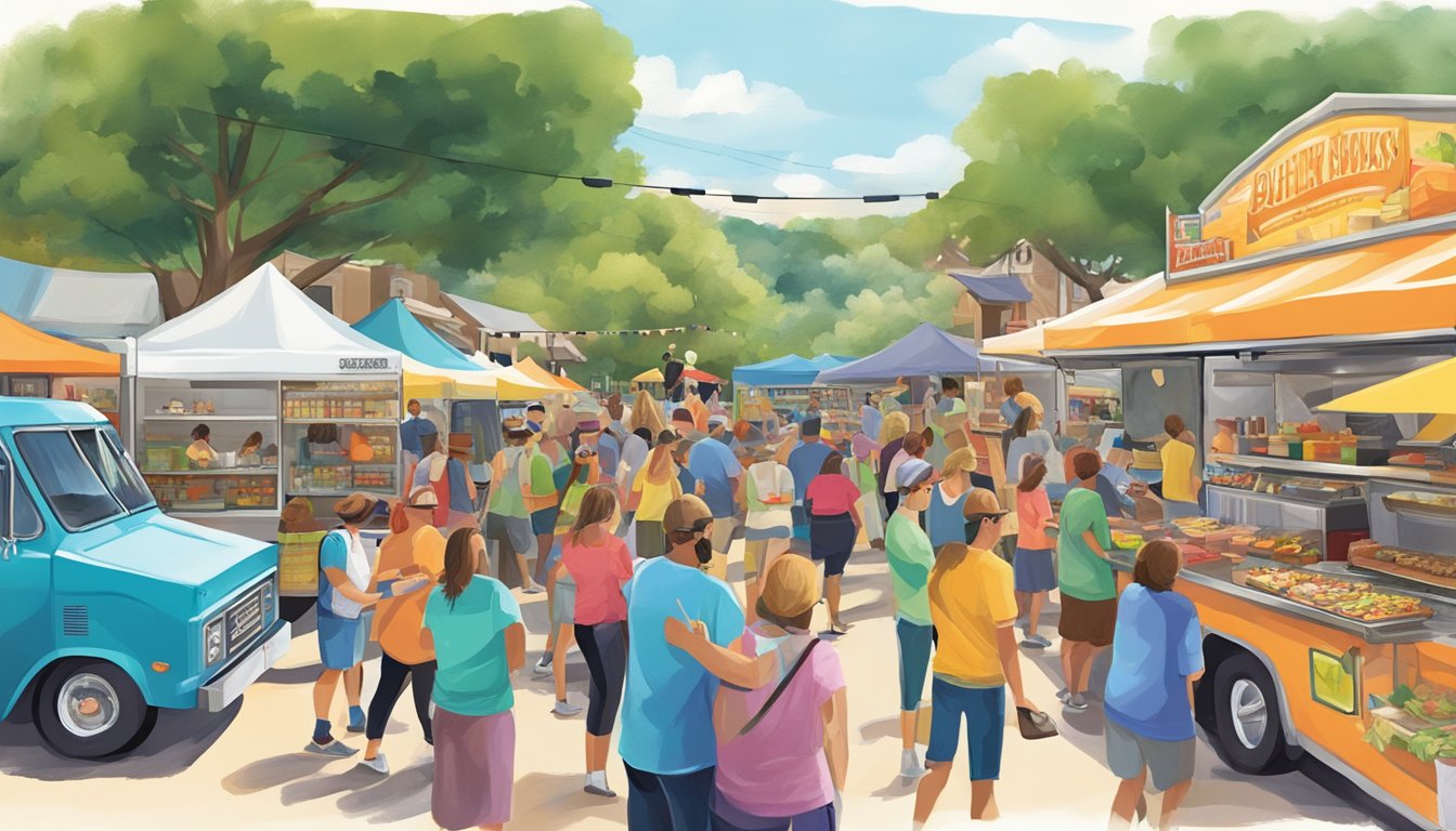 A bustling hill country food truck festival in New Braunfels with colorful trucks, lively music, and crowds of people sampling delicious cuisine