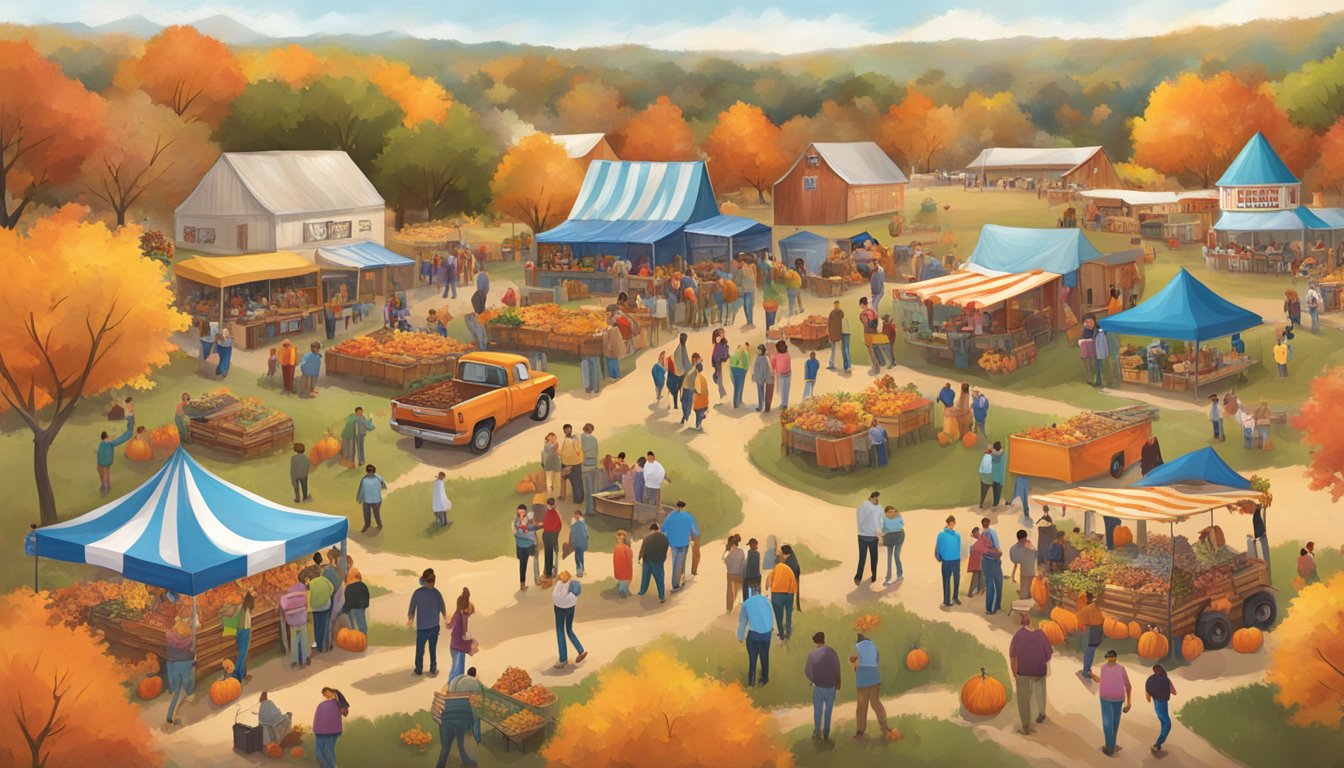 Vibrant fall foliage surrounds a bustling Texas festival, with live music, food vendors, and families enjoying pumpkin patches and hayrides