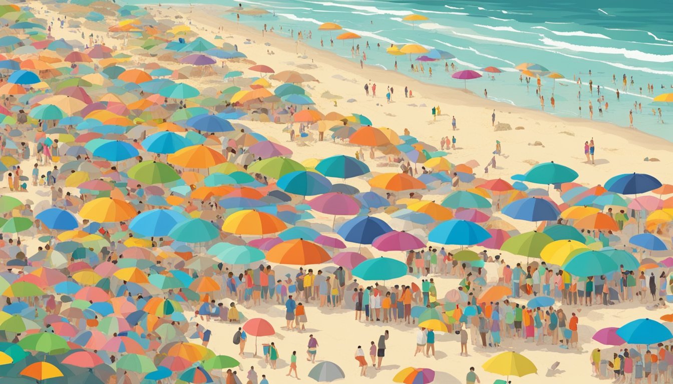 Crowds of people gather on the sandy beaches of Padre Island, enjoying the warm spring weather. Colorful umbrellas dot the shoreline as waves crash against the shore