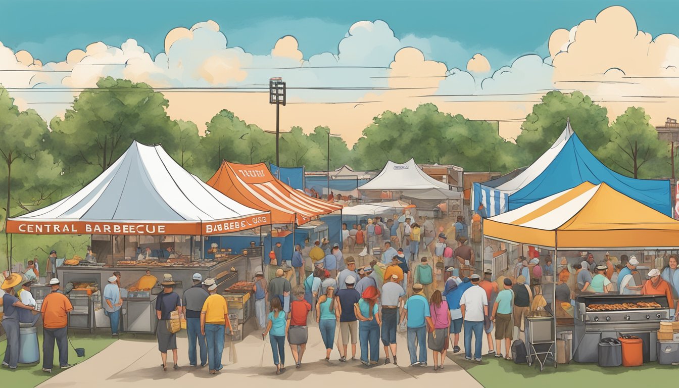 The central Texas barbecue festival is bustling with vendors, smoke billowing from grills, and visitors enjoying the festivities