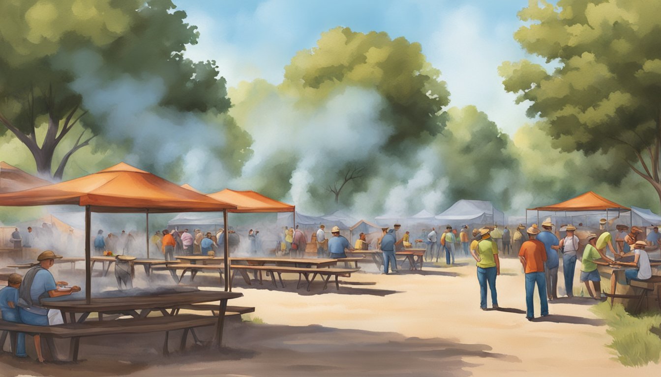 Smoke billows from barbecue pits at the Central Texas Barbecue Festival, surrounded by oak trees and picnic tables. The scent of sizzling meat fills the air