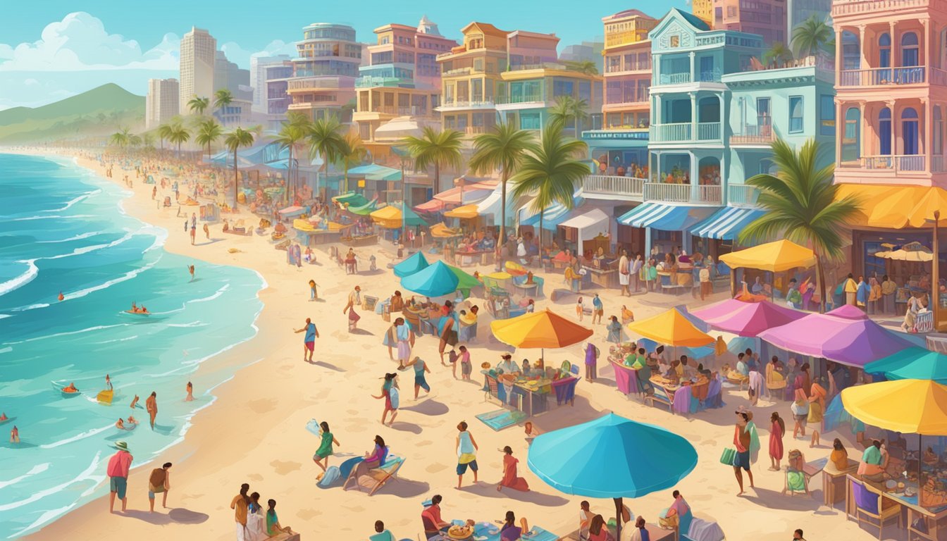 The bustling beachfront lined with hotels, restaurants, and souvenir shops, as crowds of spring breakers enjoy the sun and surf, creating a vibrant and energetic atmosphere