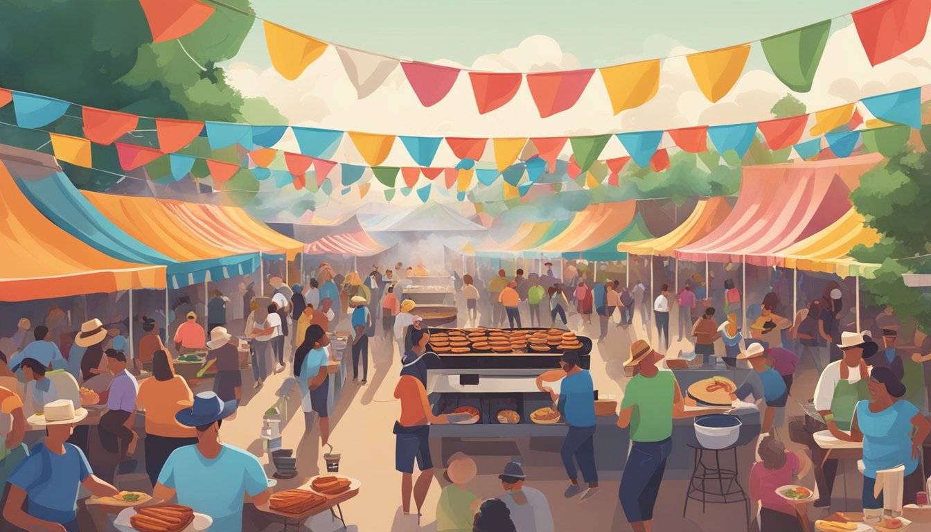 A bustling central Texas barbecue festival with smoke rising from the grills, people enjoying food and music, and colorful banners fluttering in the breeze