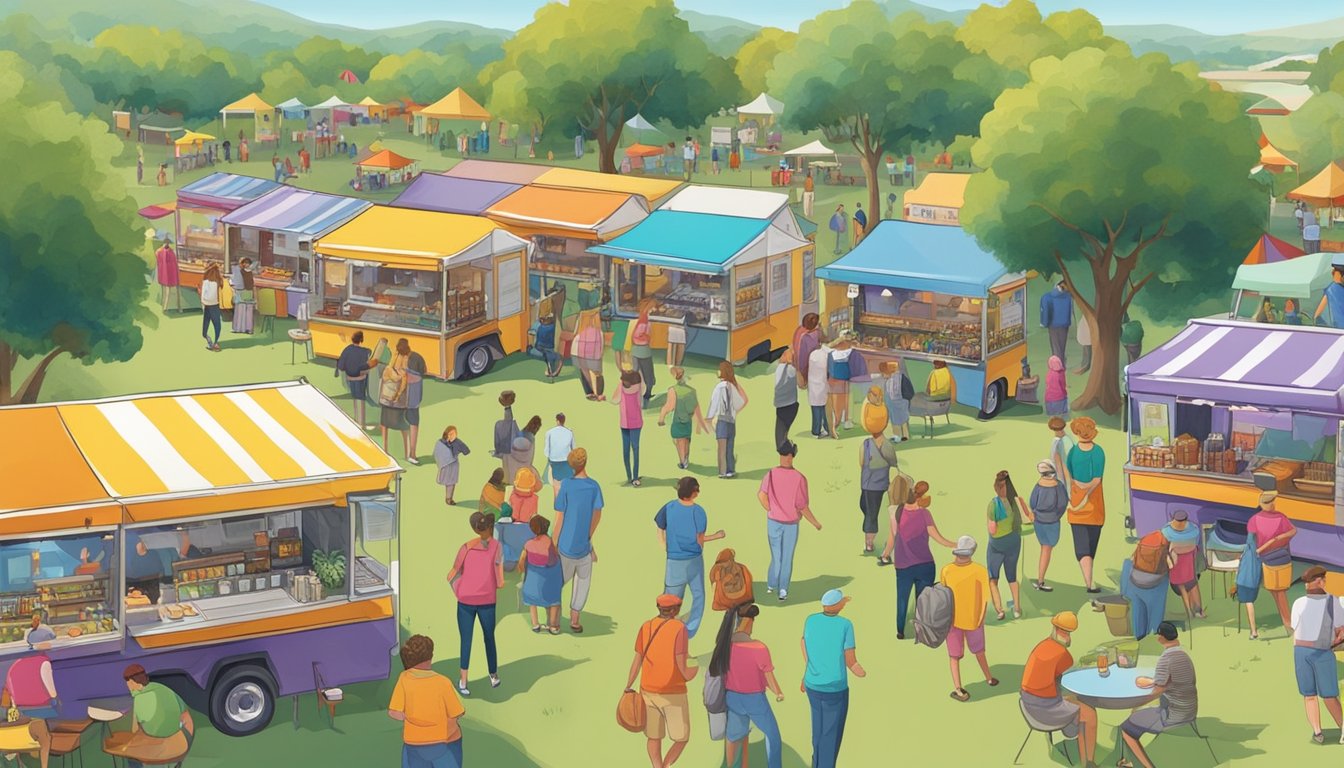 Colorful food trucks line a bustling festival grounds in the hill country, with people milling about and enjoying the lively atmosphere