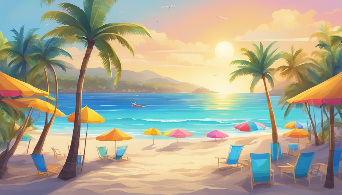 Vibrant beach scene with palm trees, clear blue water, and colorful umbrellas dotting the sandy shore. Beachgoers relax and play in the sunshine