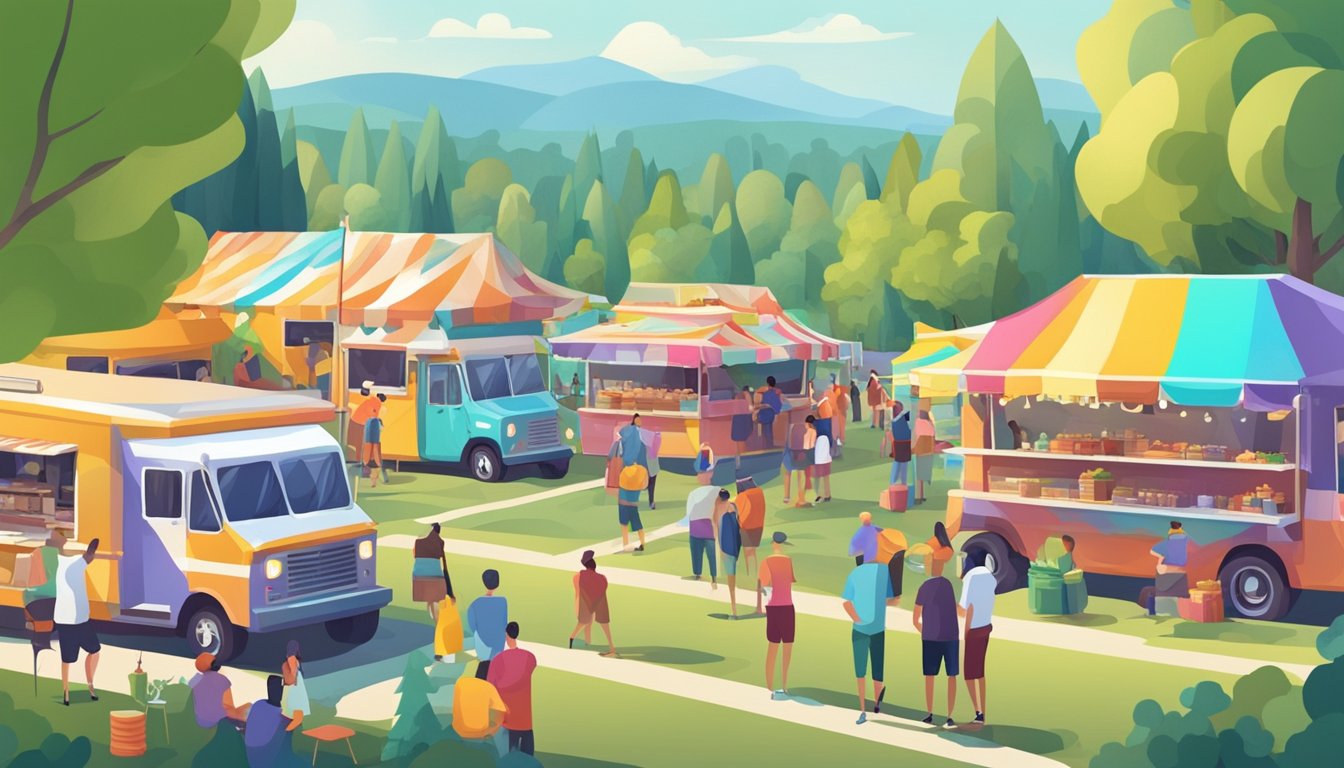 Colorful food trucks line a hilly festival grounds, surrounded by trees and parked cars. A lively atmosphere with people enjoying the variety of food and drinks