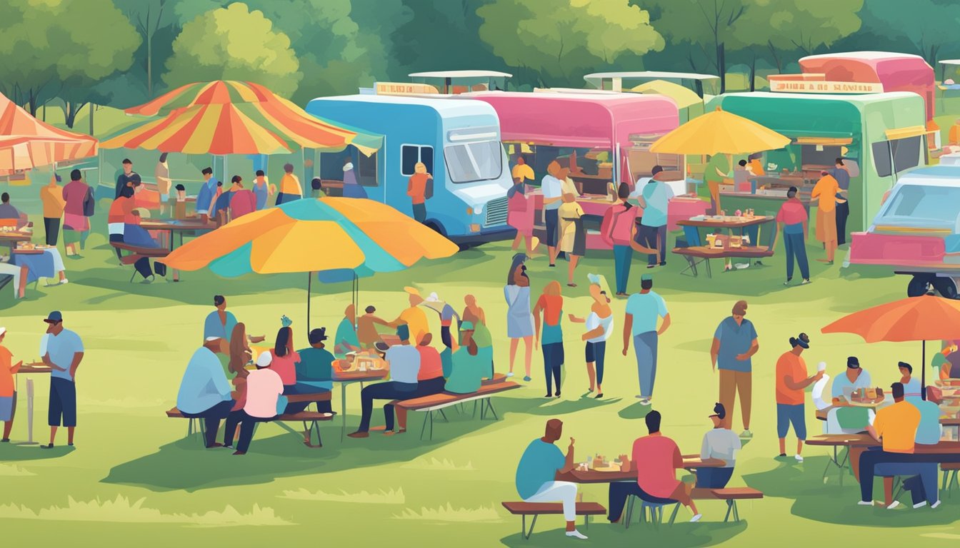 Colorful food trucks line a grassy field, surrounded by picnic tables and umbrellas. A lively crowd enjoys live music and indulges in a variety of hill country cuisine