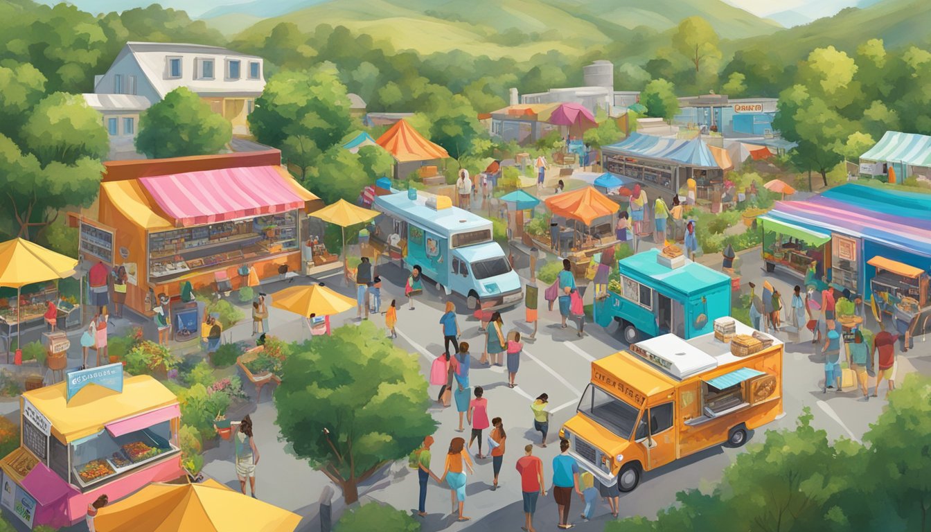 Vibrant food truck festival nestled in the hill country, surrounded by lush greenery and a bustling community