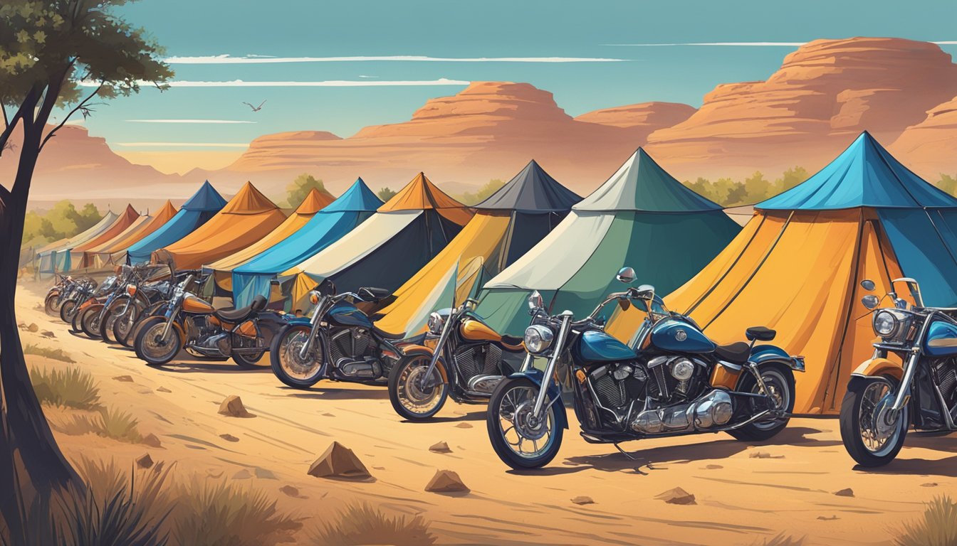 A row of colorful tents and motorcycles line the dusty campground at the Republic of Texas Biker Rally. Banners flap in the wind, and riders chat around a roaring bonfire