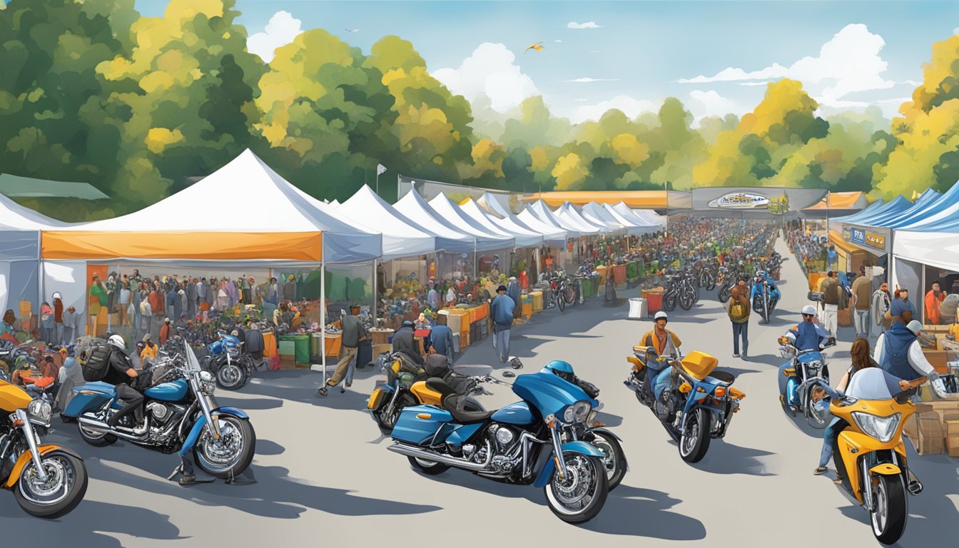 A bustling outdoor event with rows of vendor booths and a central registration area, surrounded by motorcycles and bikers