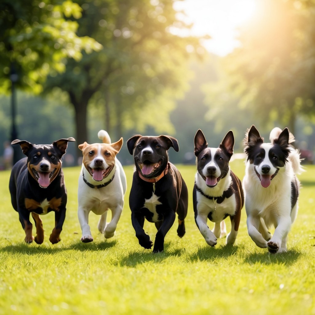 A group of various dog breeds playing in a lush, sunlit park, showing their unique personalities and energy