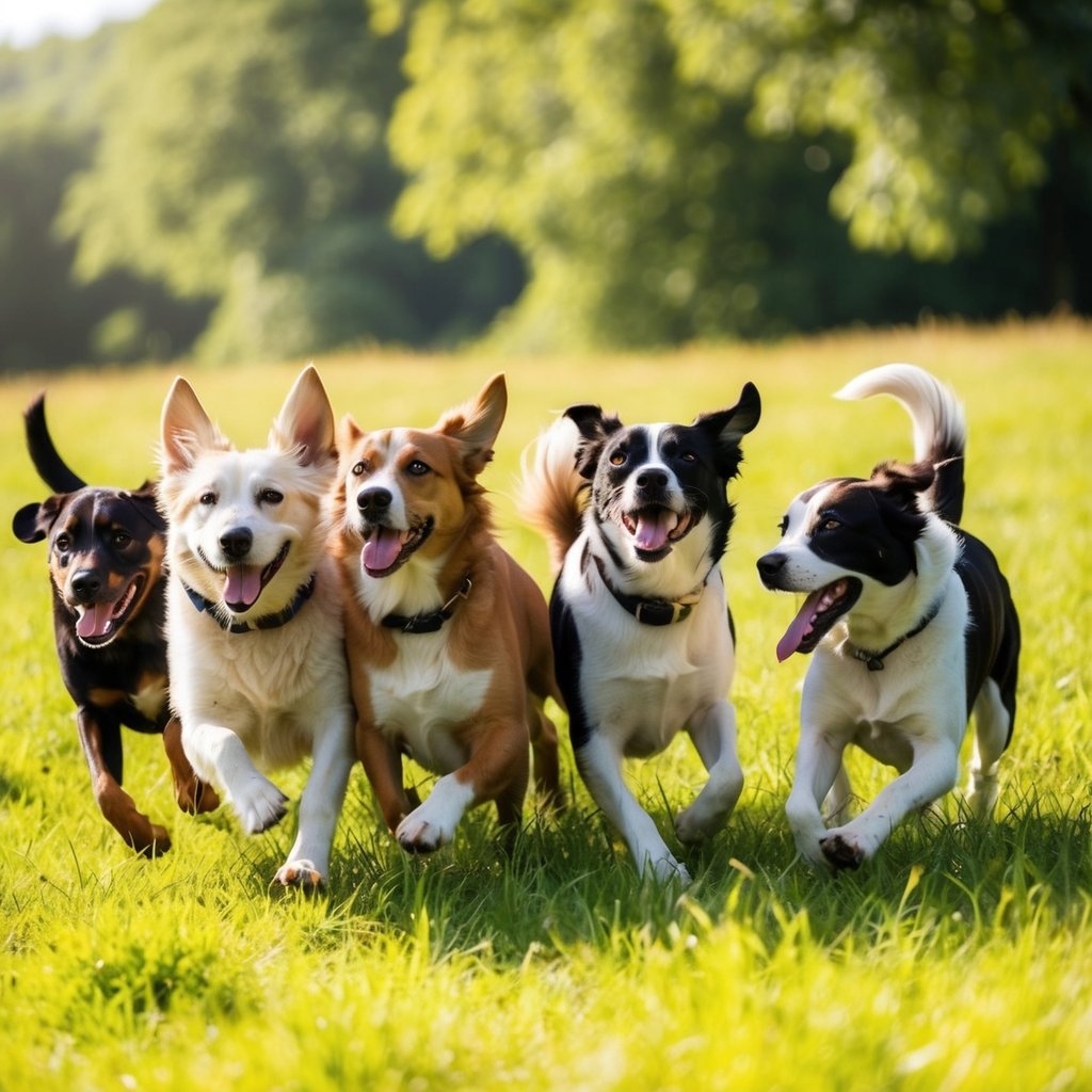 A group of playful dogs of various breeds romp in a lush, sunlit meadow, tails wagging joyfully as they interact with each other