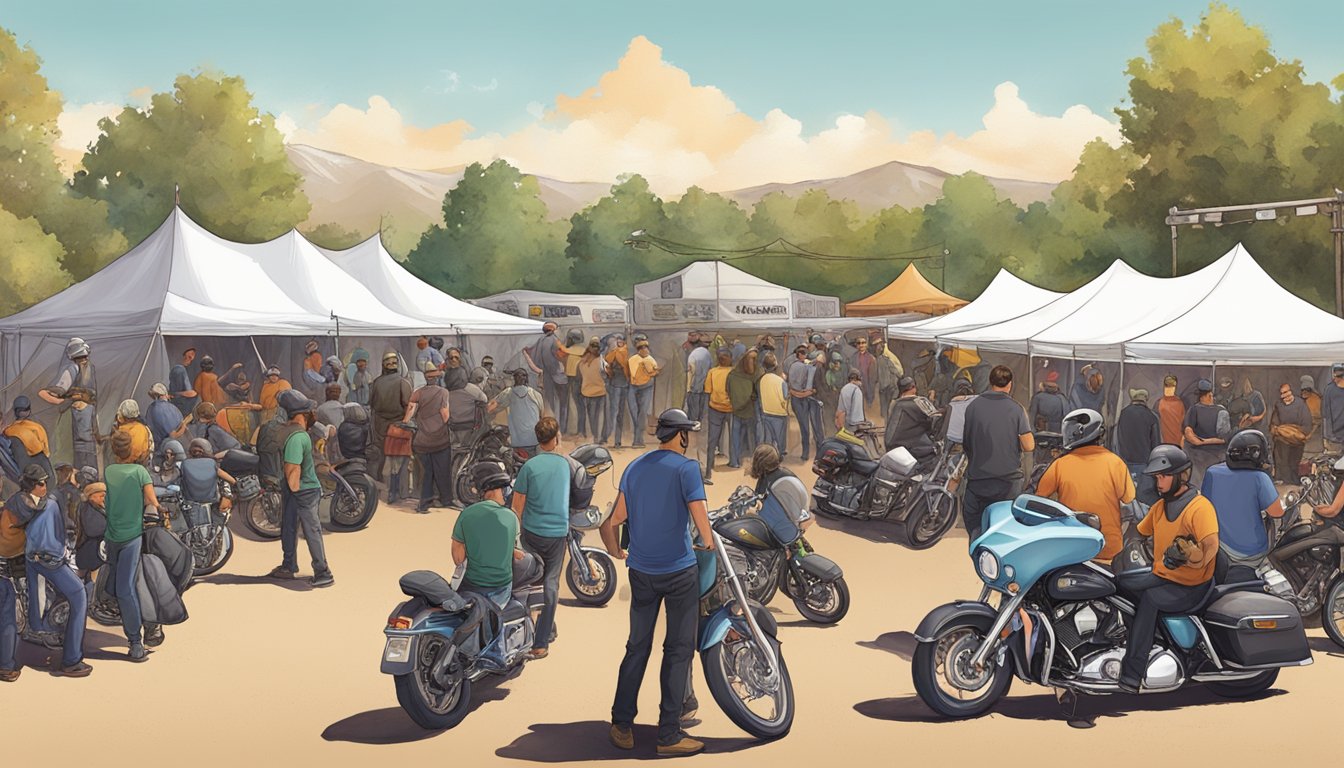 A group of bikers gather at a charity event, surrounded by tents, food trucks, and a stage for live music