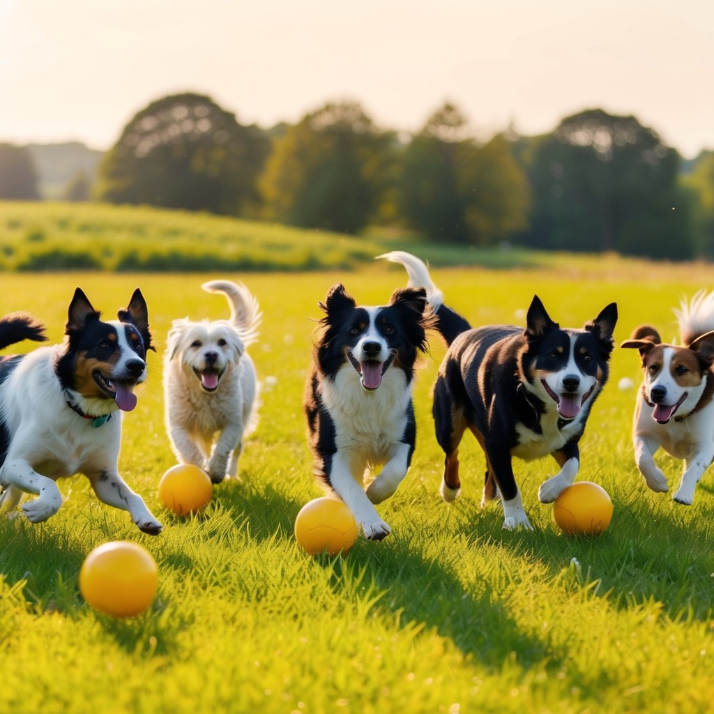 A pack of diverse dogs frolic in a lush, sunlit meadow, chasing balls and each other, tails wagging with joy