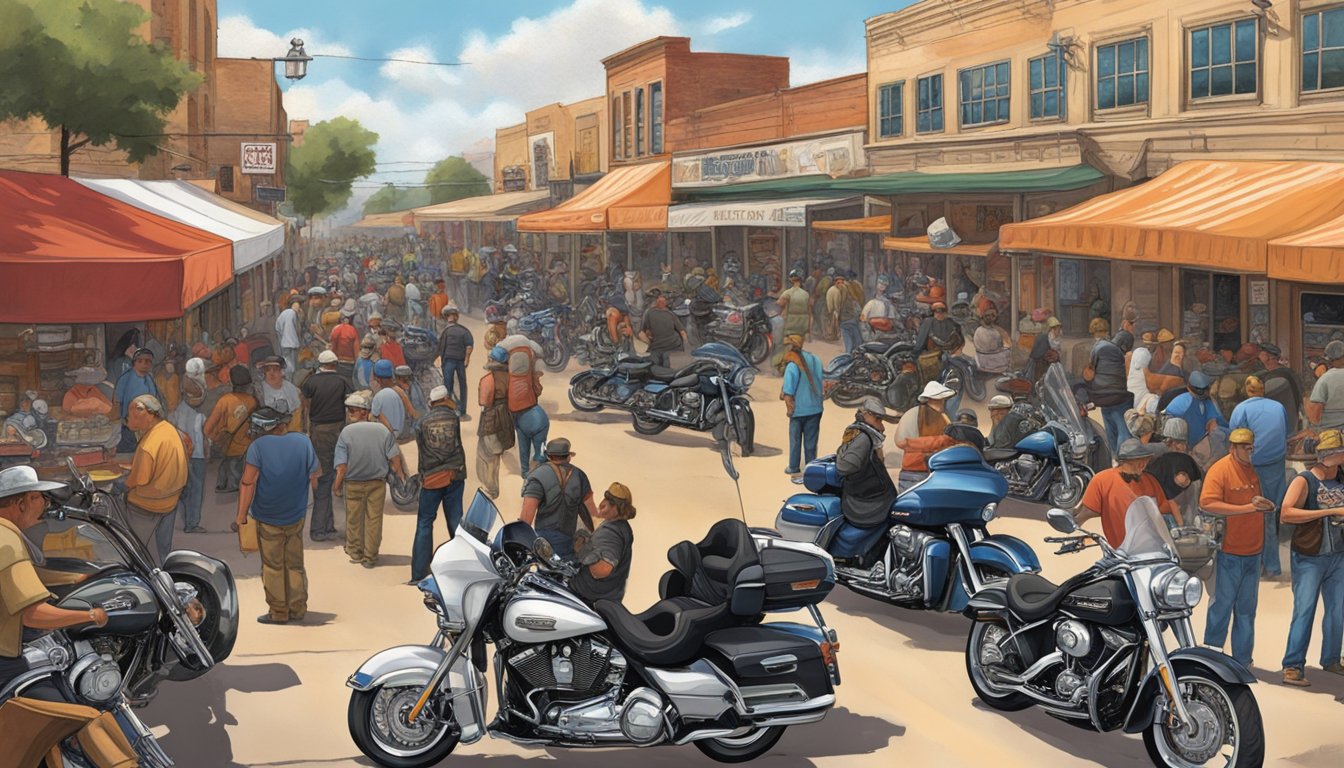 A bustling marketplace at the Republic of Texas biker rally, filled with vendors selling merchandise and memorabilia. Motorcycles line the streets, and the sound of revving engines fills the air