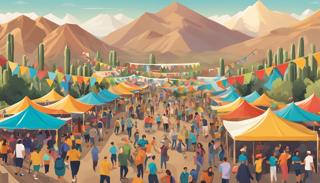 A lively festival in El Paso, with colorful tents and banners, surrounded by mountains and filled with people enjoying craft beer