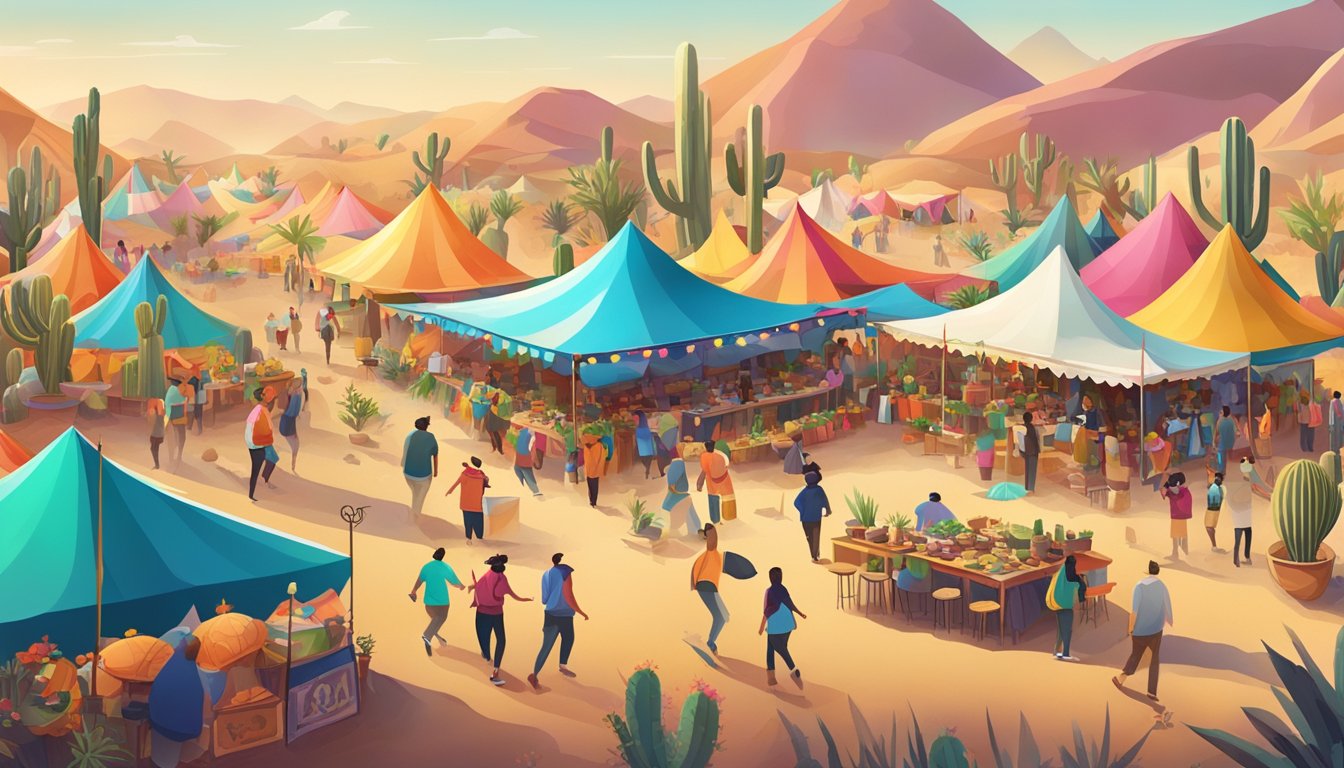 A lively festival with colorful tents, food stalls, and music stages, surrounded by desert landscape and cacti