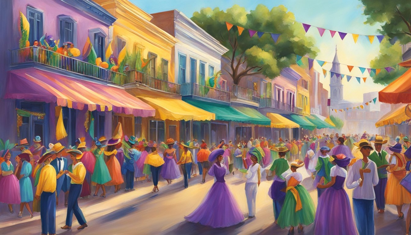 Colorful Mardi Gras costumes and festive attire fill the streets of Texas. Tables are laden with an abundance of food, creating a lively and vibrant atmosphere