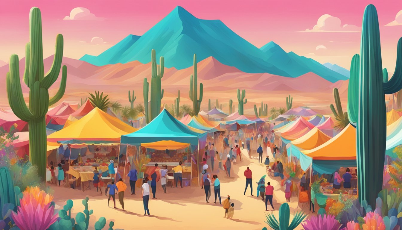 A lively festival with colorful tents, food stalls, and live music, surrounded by desert mountains and cacti