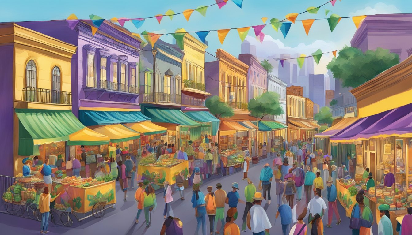 Colorful vendor booths line the street, offering local crafts and an array of delicious food. The air is filled with the festive atmosphere of a Texas Mardi Gras celebration