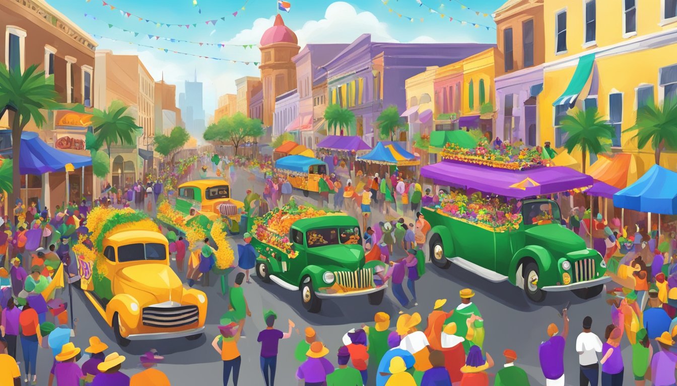 A lively Mardi Gras parade in Texas with colorful floats, families enjoying food and fun activities, and plenty of delicious food vendors lining the streets