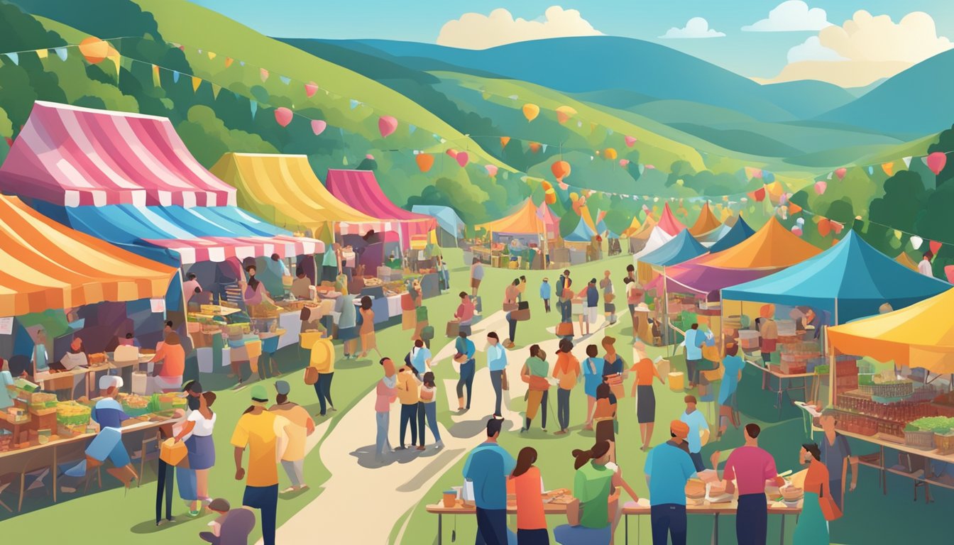 A bustling outdoor festival with food vendors, live music, and colorful decorations, set against a backdrop of rolling hills and a clear blue sky