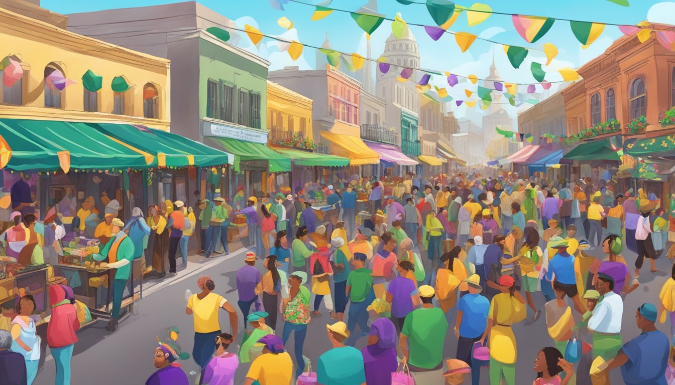 A bustling street filled with colorful food stalls, lively music, and people enjoying the festive atmosphere of a Mardi Gras celebration in Texas