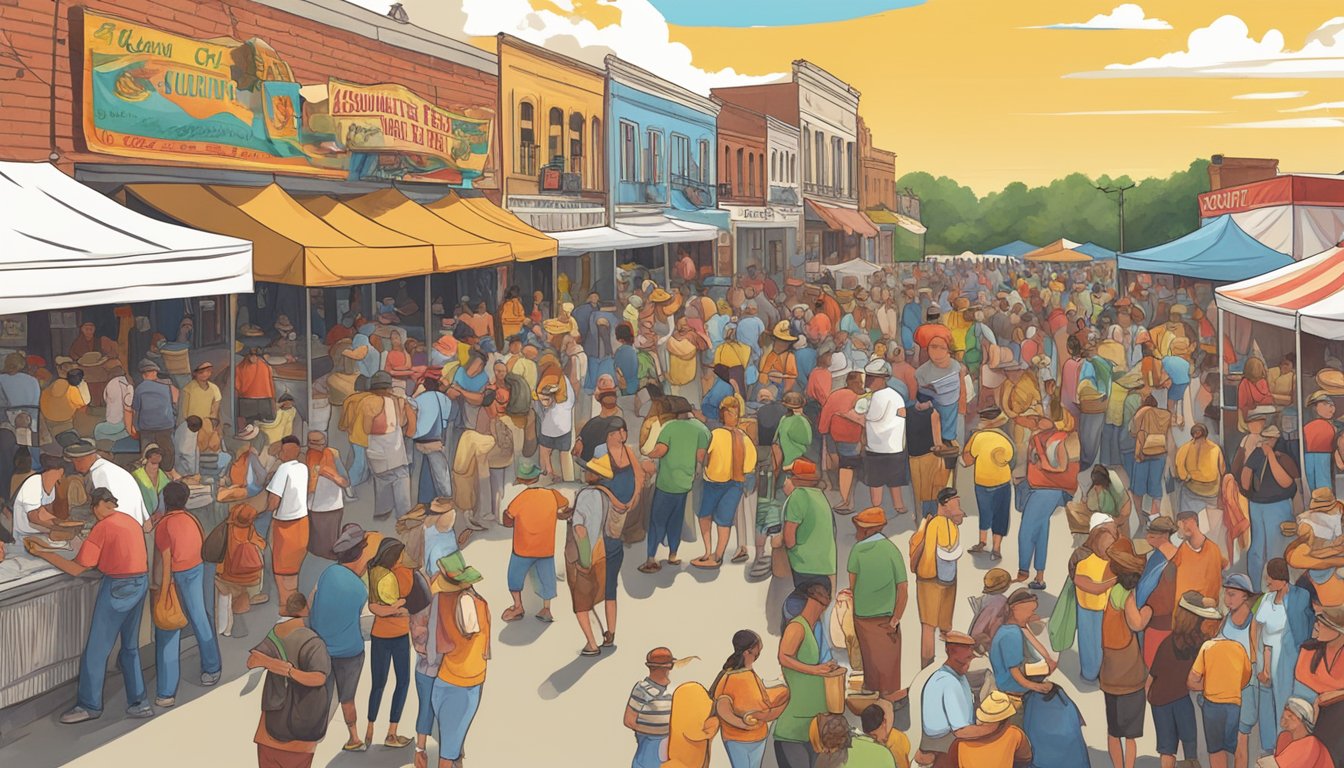 Crowds gather under a sunny sky at the Southwest Cajun Fest, with lively music, food vendors, and sponsor banners lining the lively event