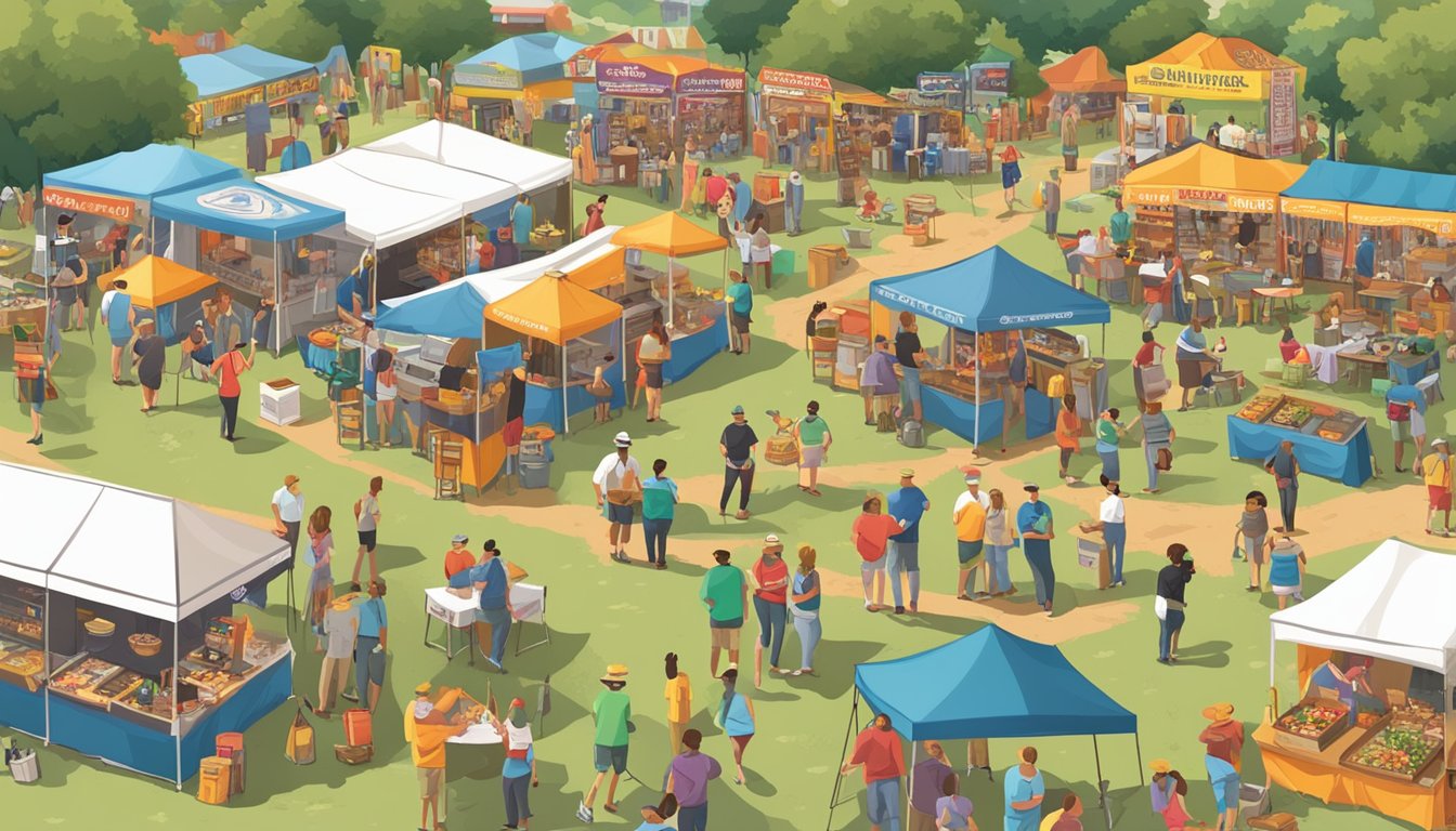 A colorful outdoor festival with food booths, live music, and people enjoying the southwest cajun cuisine. Safety signs and first aid stations are visible throughout the area