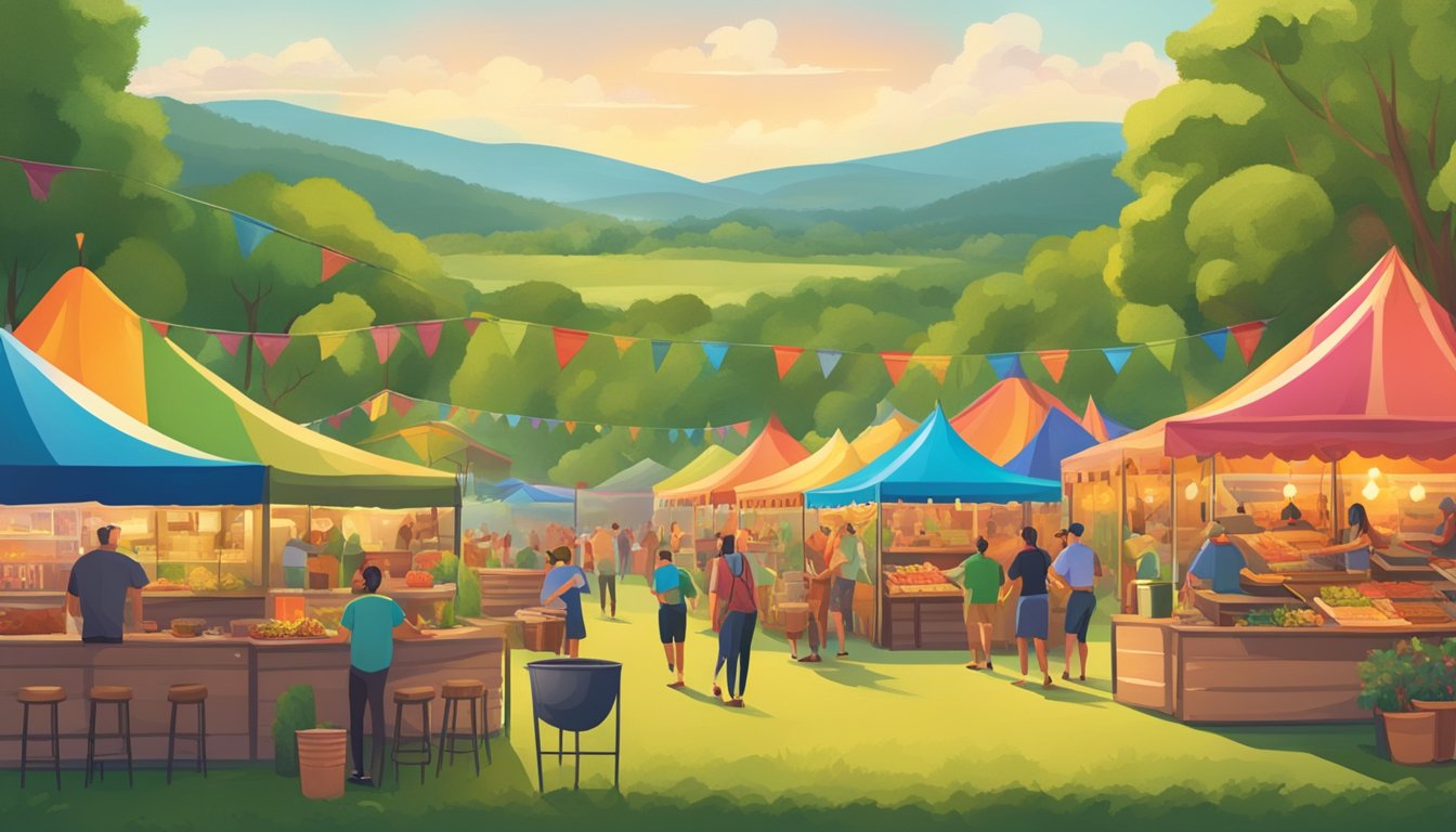 A vibrant outdoor festival with Cajun food, live music, and eco-friendly practices. Colorful banners, food stalls, and recycling bins set against a backdrop of trees and rolling hills