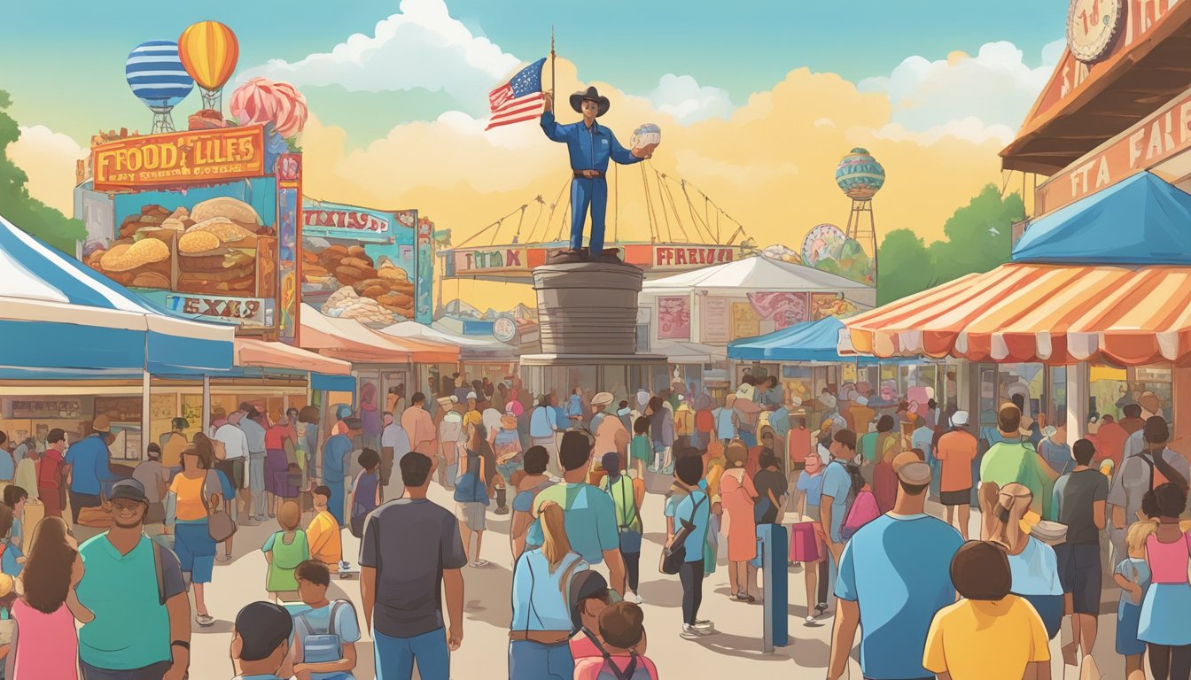 Crowds flock to colorful food stands at the Texas State Fair, with the iconic Big Tex statue towering in the background. The air is filled with the aroma of fried delights