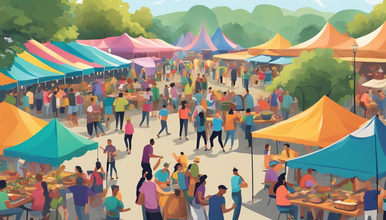 A bustling outdoor festival with colorful tents, live music, and people enjoying Cajun cuisine