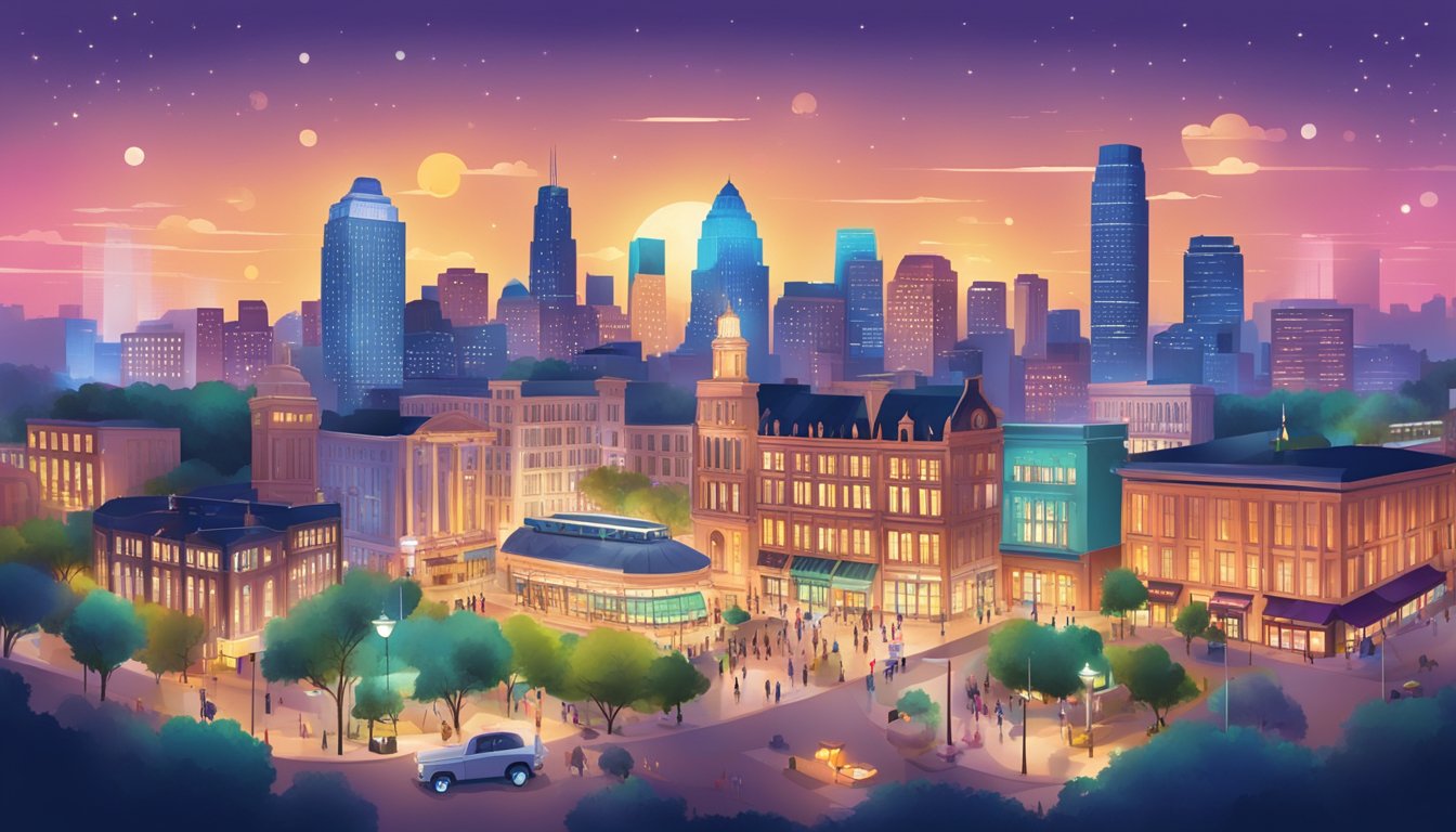 A bustling cityscape with iconic landmarks and vibrant event venues, illuminated by a spotlight, showcasing the excitement of upcoming spring events in Texas