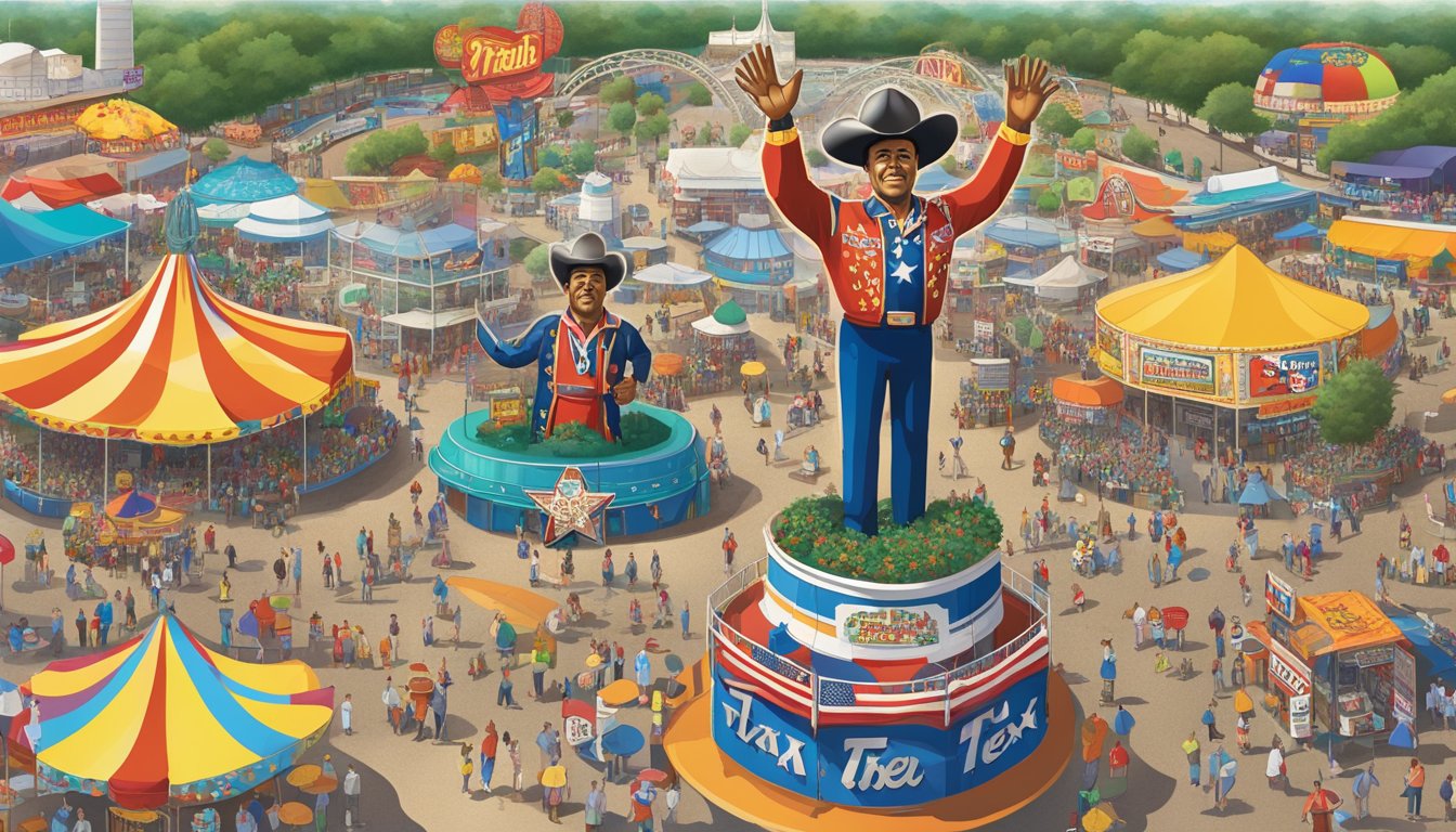 A colorful array of fried treats and souvenirs surround a larger-than-life statue of Big Tex at the Texas State Fair