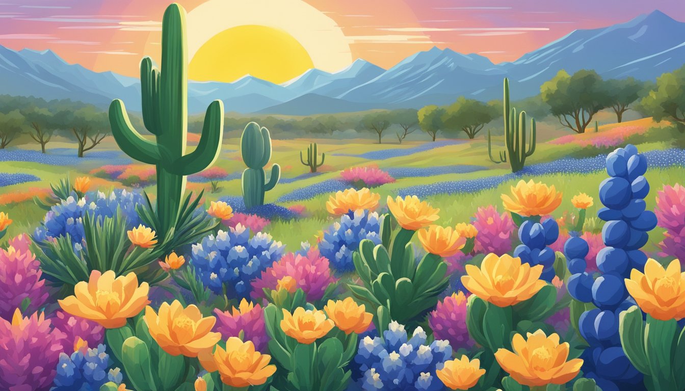 A colorful festival poster surrounded by blooming bluebonnets and cacti under a bright Texas sun