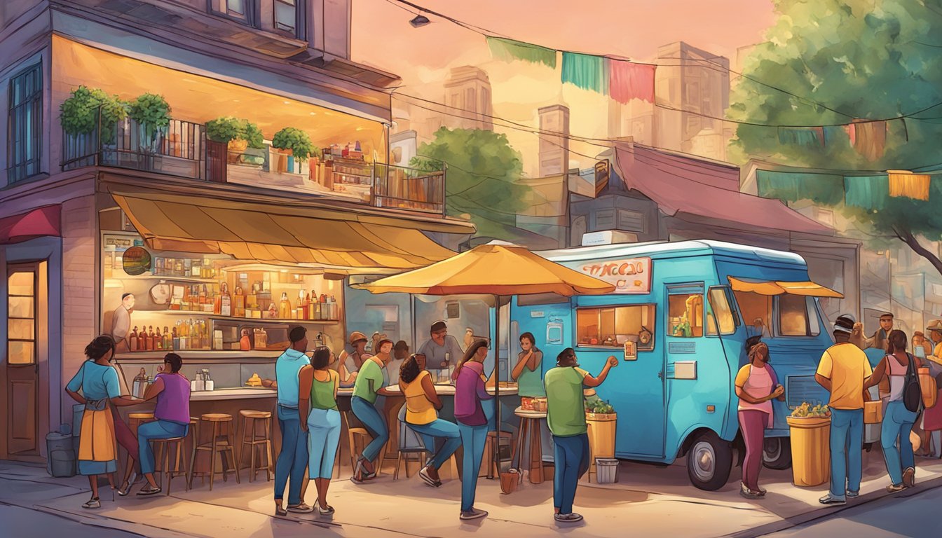 A lively street scene with colorful taco trucks and a bustling bar serving up trendy taco and booze pairings