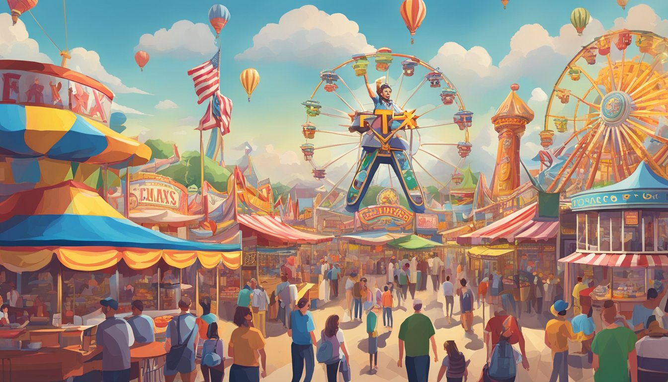 A bustling fairground with colorful food stands and a towering Big Tex statue, surrounded by crowds and rides