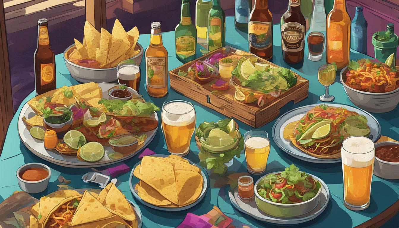 A table filled with a variety of craft beers and fine spirits, alongside a spread of delicious tacos. The scene is lively and inviting, with a mix of colors and textures