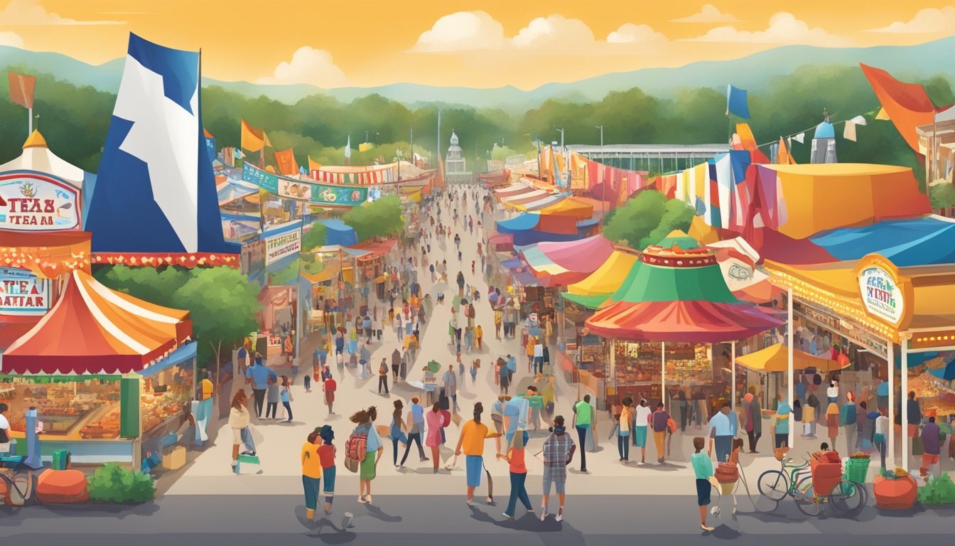 A bustling Texas state fair with colorful food stalls and a prominent "Big Tex" statue, surrounded by eco-friendly initiatives and sustainable practices