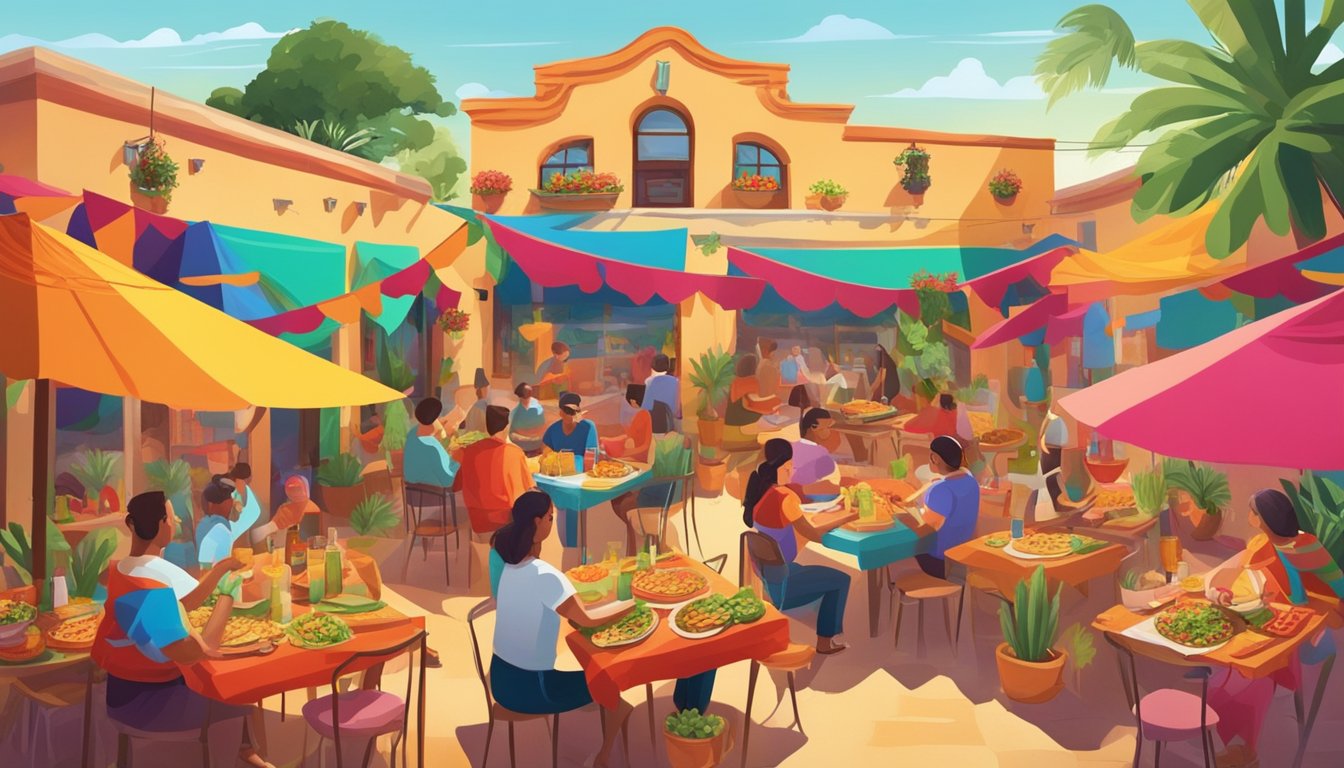 A vibrant fiesta scene with a colorful spread of tacos and an array of alcoholic beverages. The atmosphere is lively and inviting, with people enjoying the perfect combination of food and drink