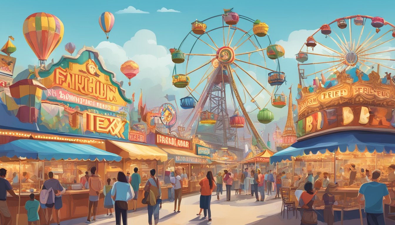 A bustling fairground with colorful food stalls, people enjoying fried delights, and a towering "Big Tex" statue welcoming visitors