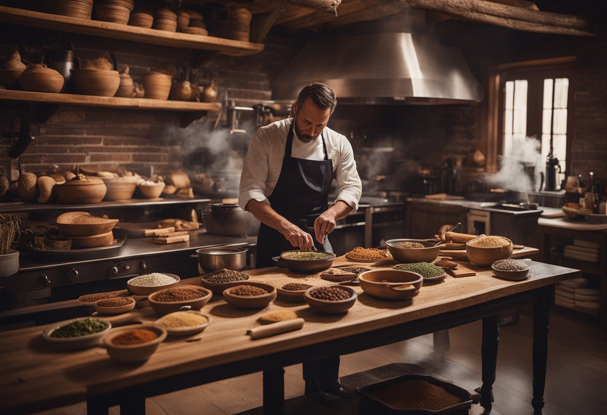 Uma cozinha rústica com um fogão a lenha tradicional, uma grande mesa de madeira coberta de especiarias e ingredientes, e um chef cortando e preparando carne de charque com maestria.