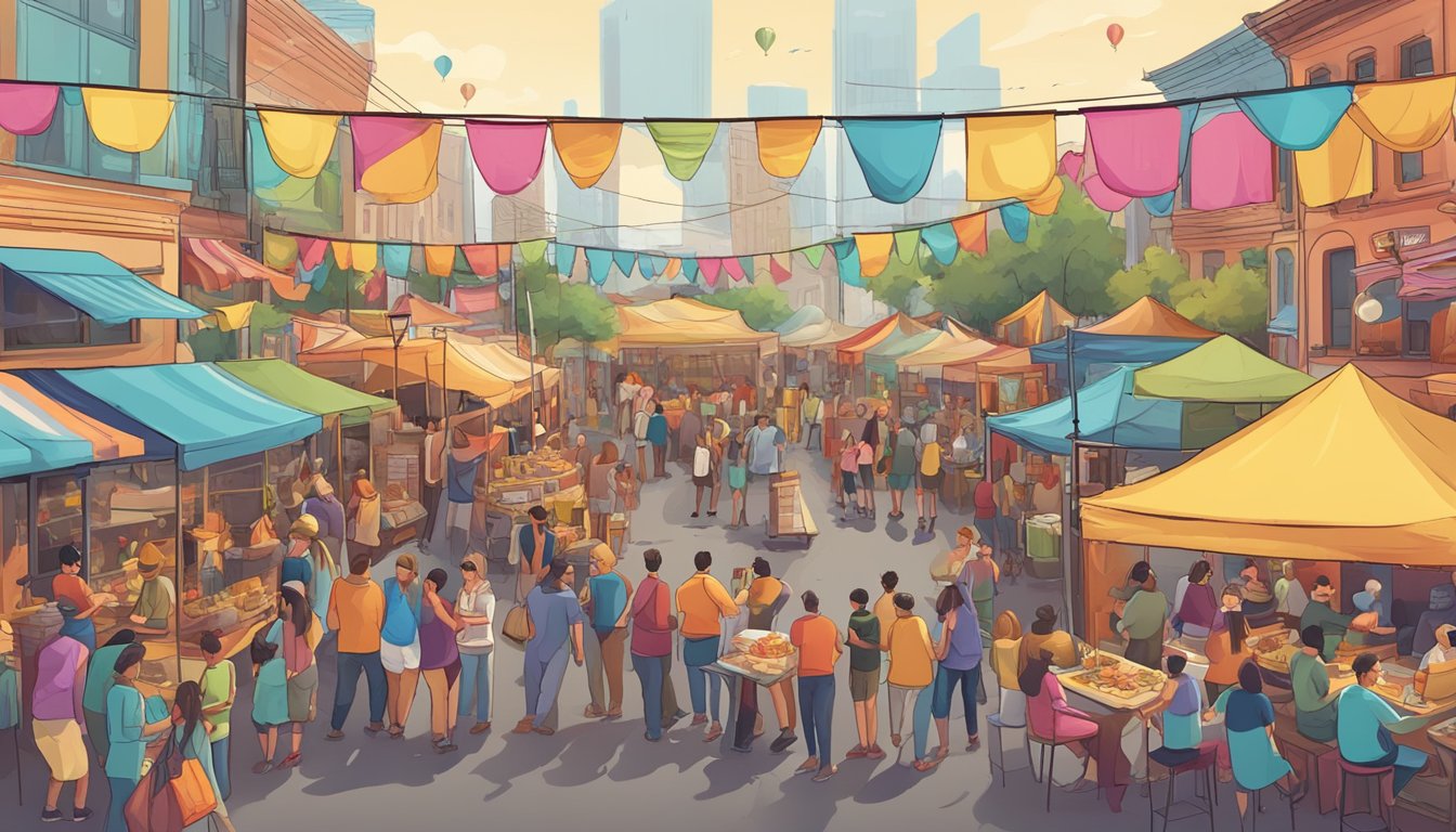 A lively street festival with food trucks, a taco stand, and a bar serving drinks, surrounded by colorful banners and a bustling crowd