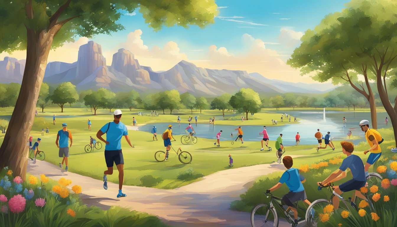 A vibrant scene of people participating in various outdoor sports and recreational activities, set against the backdrop of the Texas spring landscape